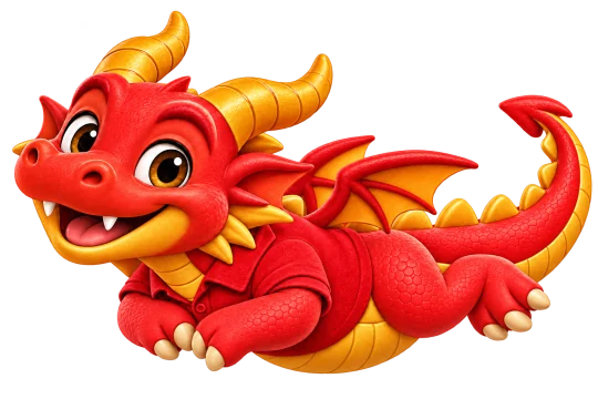 Piro, el dragón rojo y dorado, flotando alegremente