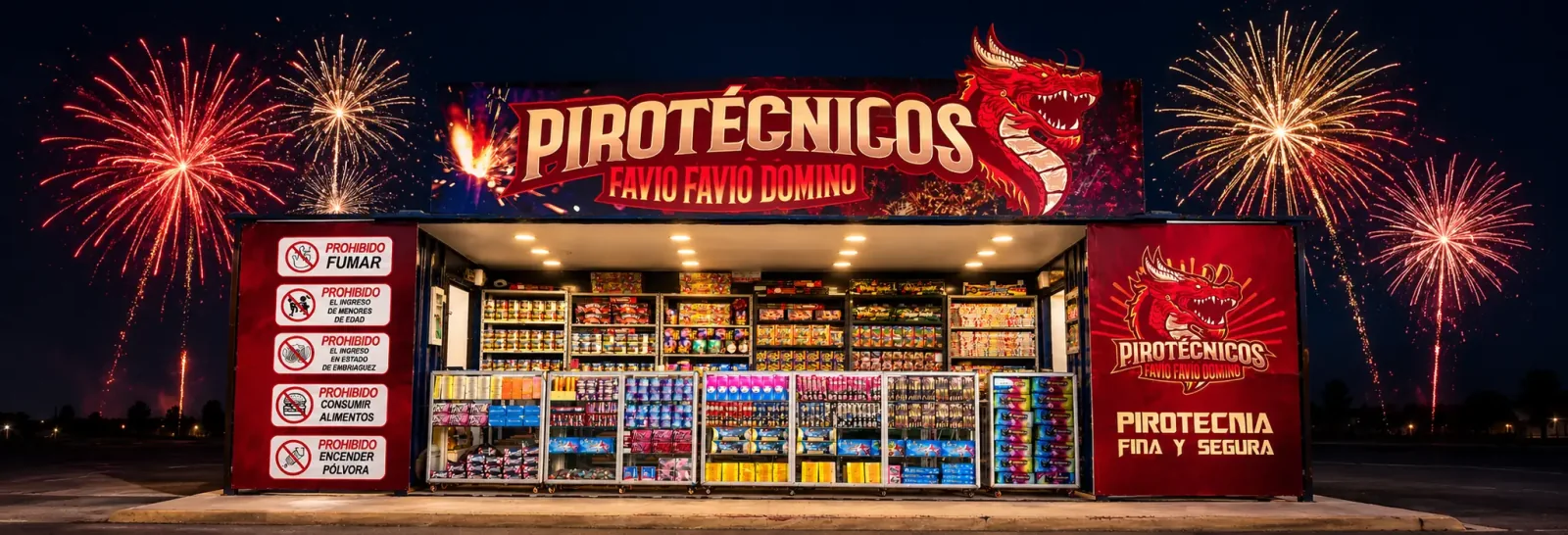 Tienda de Pirotécnicos Favio Favio Dominó y su exhibición de productos